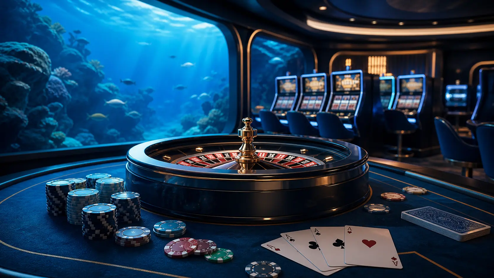 Meja permainan digital dan roda roulette dalam suasana editorial biru
