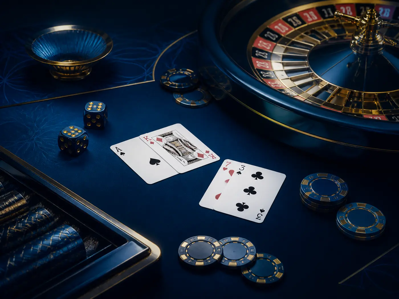 Komposisi meja baccarat, kartu, dadu, dan chip tanpa merek