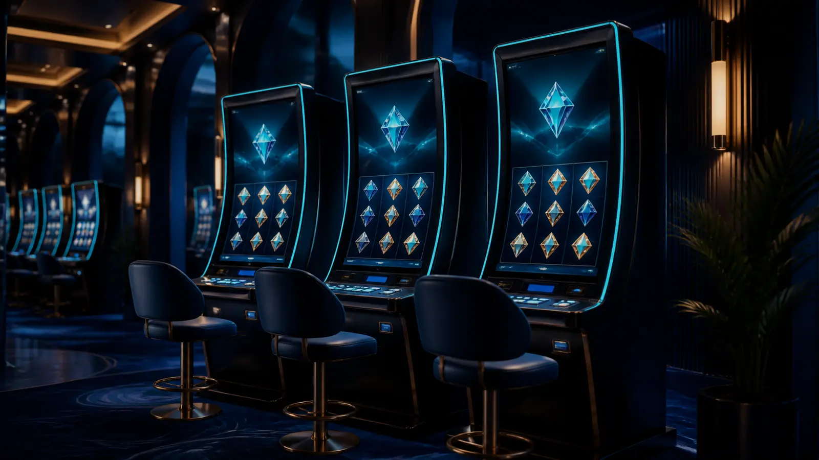 Deretan mesin slot generik dengan simbol abstrak dan cahaya biru